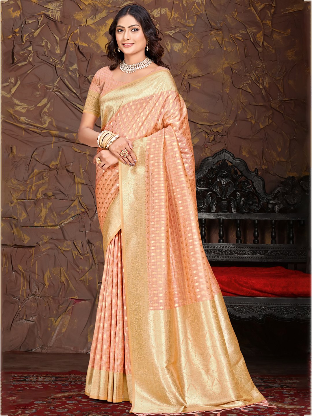 Peach Silk Woven Work Traditional Saree