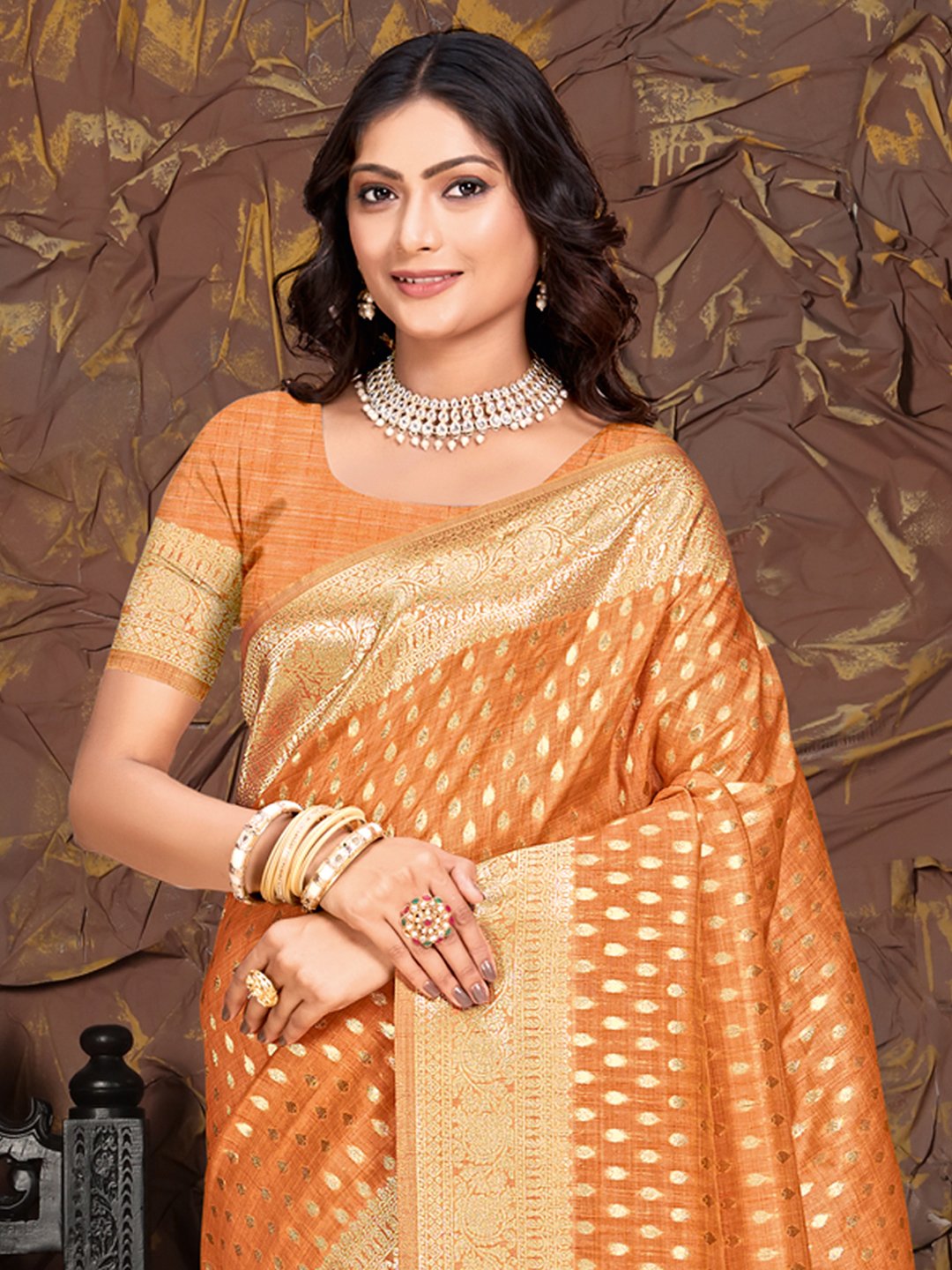 Orange Silk Woven Work Traditional Saree