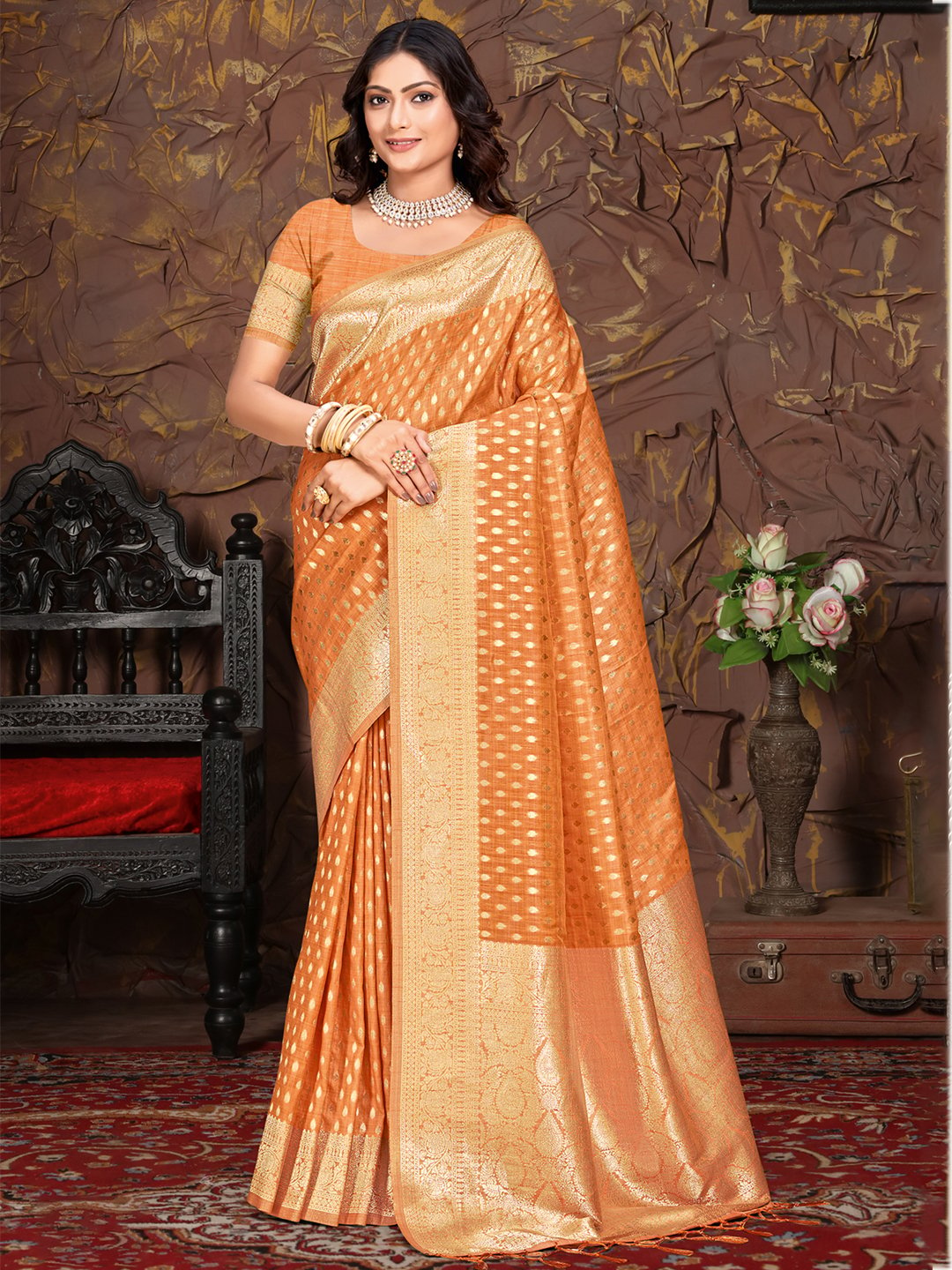 Orange Silk Woven Work Traditional Saree