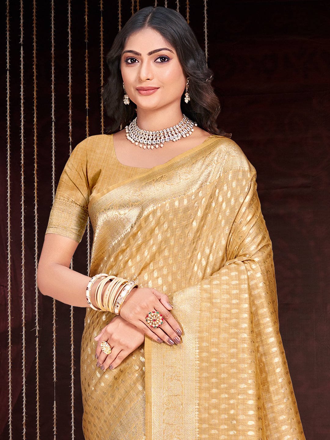 Beige Silk Woven Work Traditional Saree