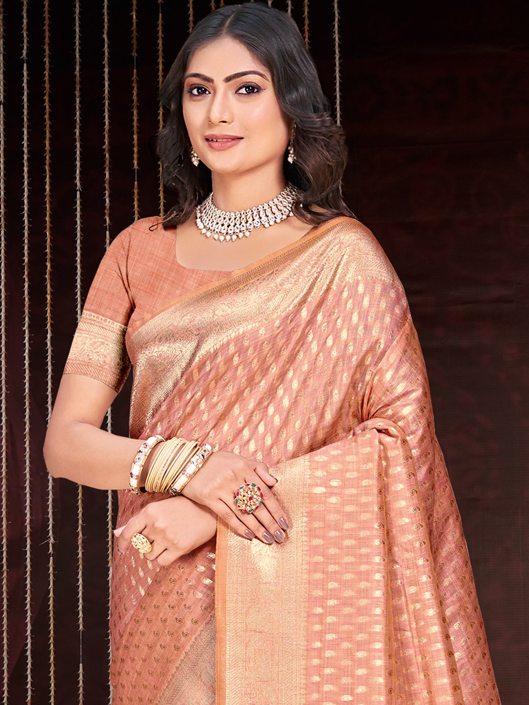 Peach Silk Woven Work Traditional Saree