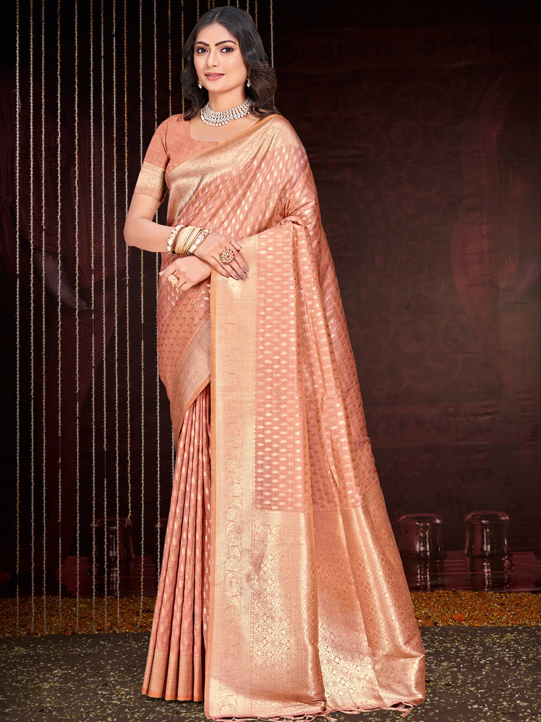 Peach Silk Woven Work Traditional Saree