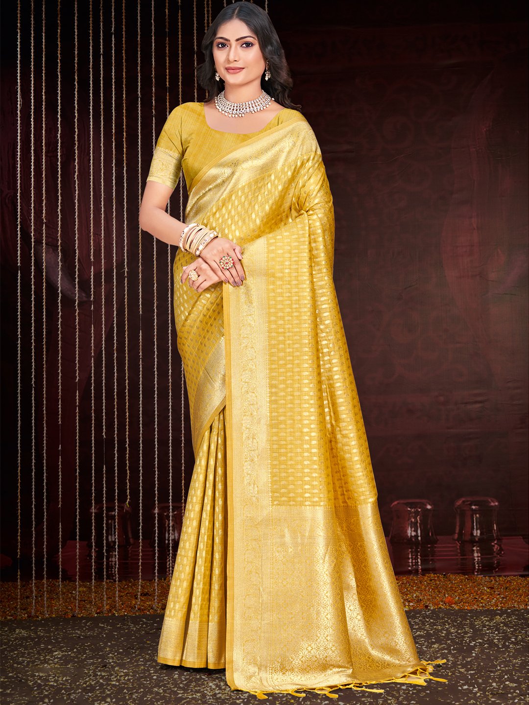 Yellow Silk Woven Work Traditional Saree