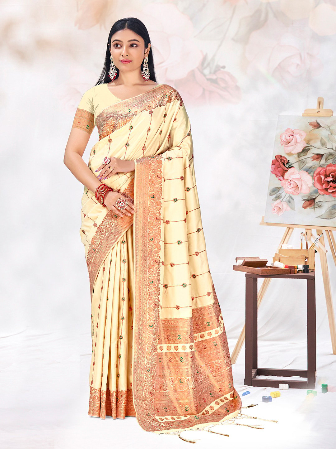 Off White Silk Woven Work Traditional Saree