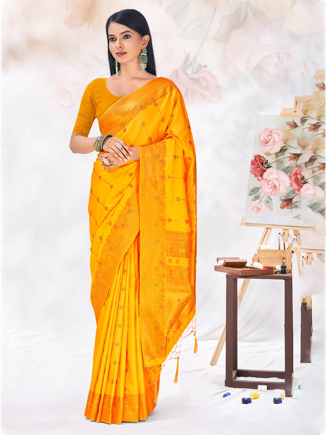 Yellow Silk Woven Work Traditional Saree