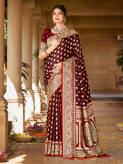 Brown Satin Silk Woven Work Traditional Tassels Saree