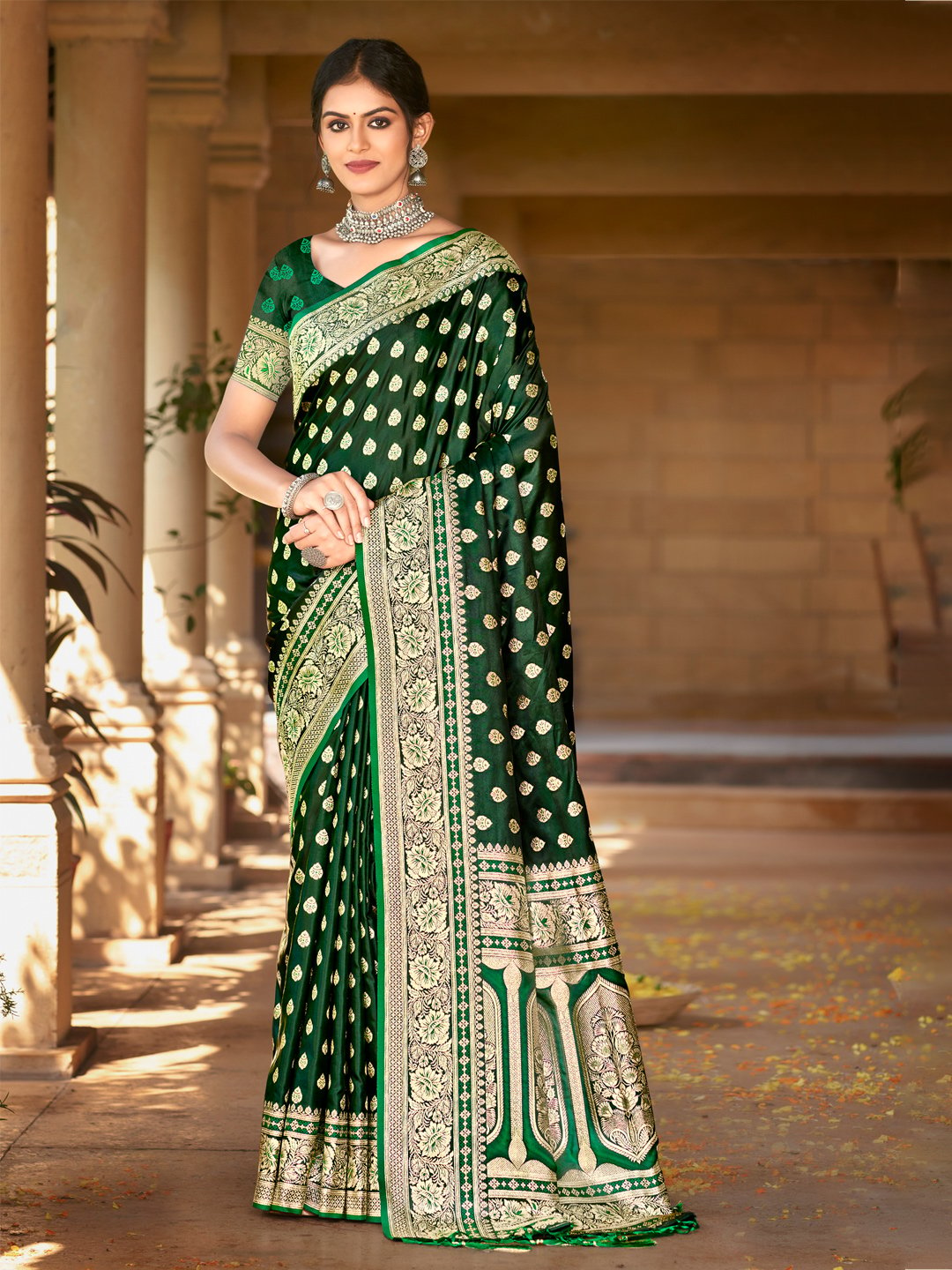 Green Satin Silk Woven Work Traditional Tassels Saree