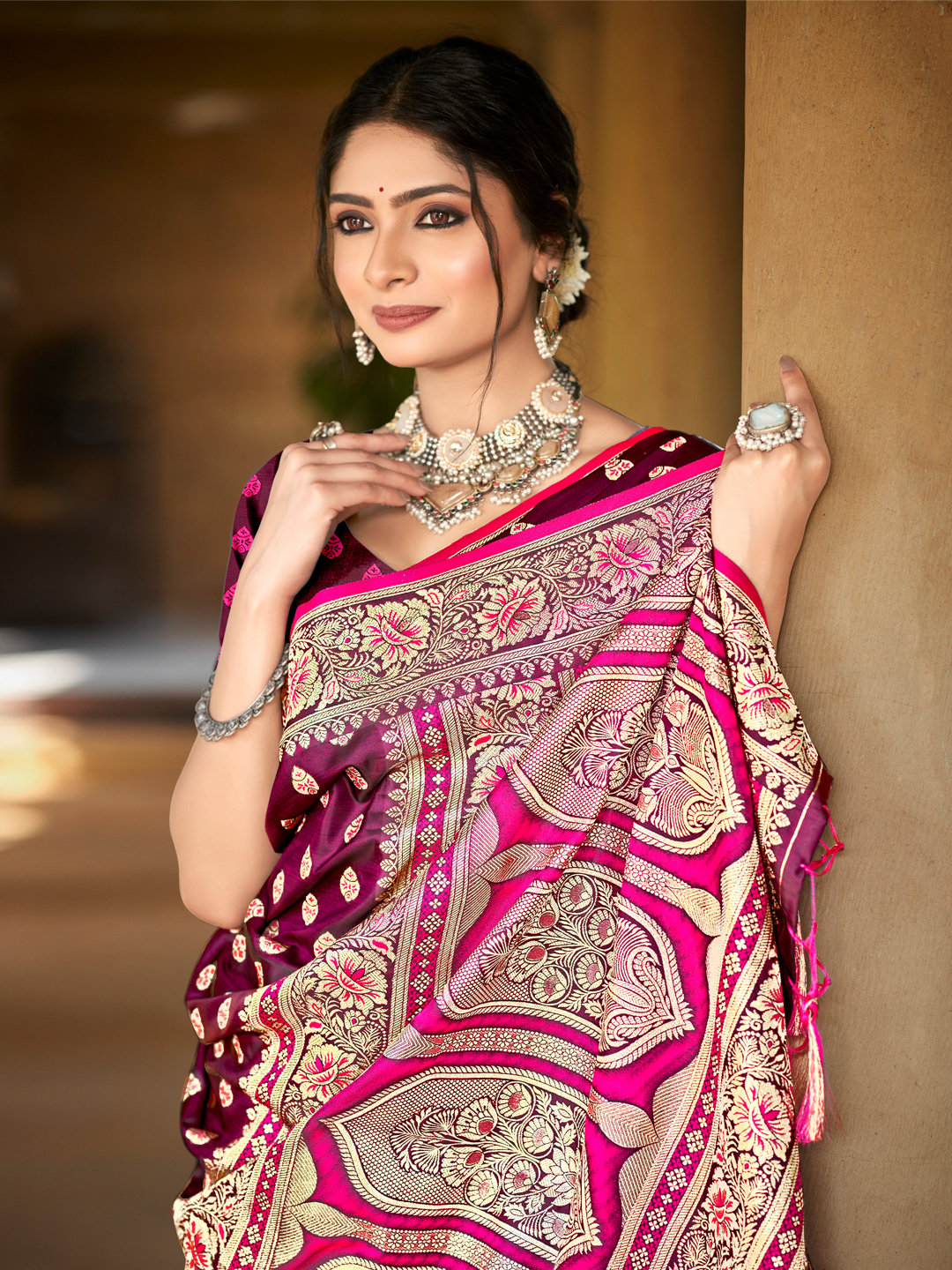 Pink Satin Silk Woven Work Traditional Tassels Saree