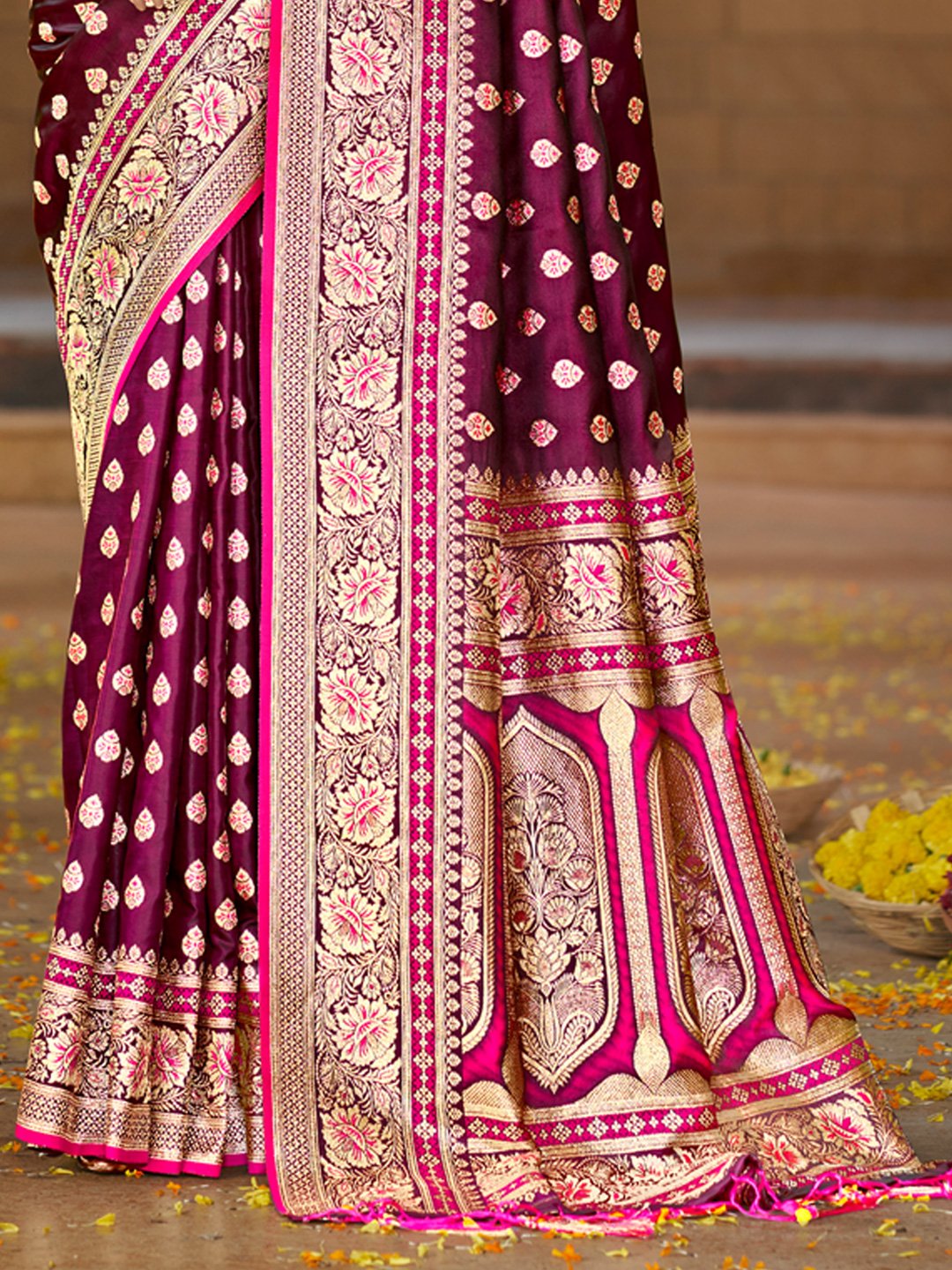 Pink Satin Silk Woven Work Traditional Tassels Saree