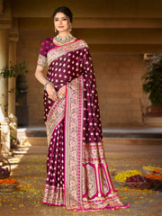 Pink Satin Silk Woven Work Traditional Tassels Saree