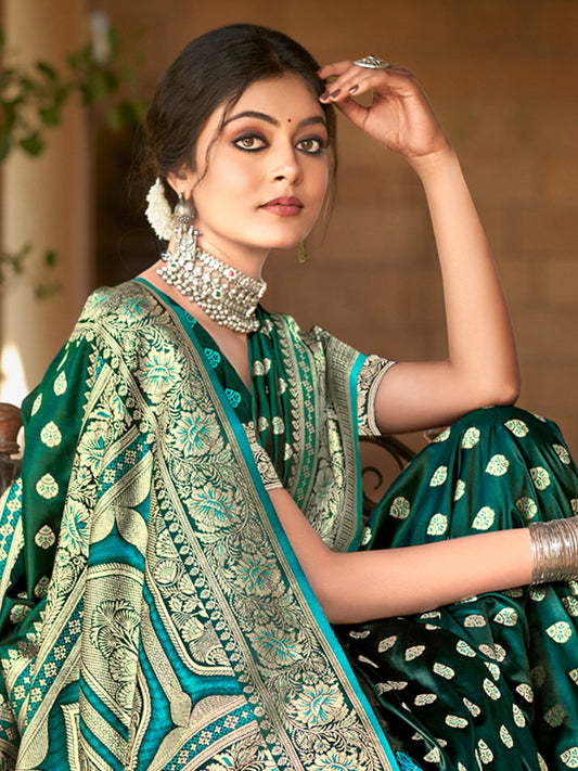 Green Satin Silk Woven Work Traditional Tassels Saree