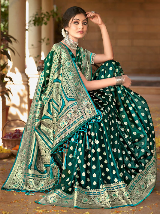 Green Satin Silk Woven Work Traditional Tassels Saree