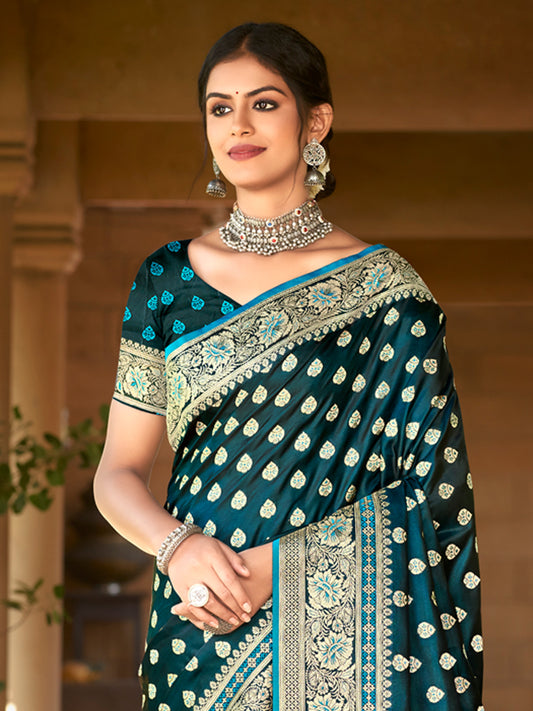 Blue Satin Silk Woven Work Traditional Tassels Saree