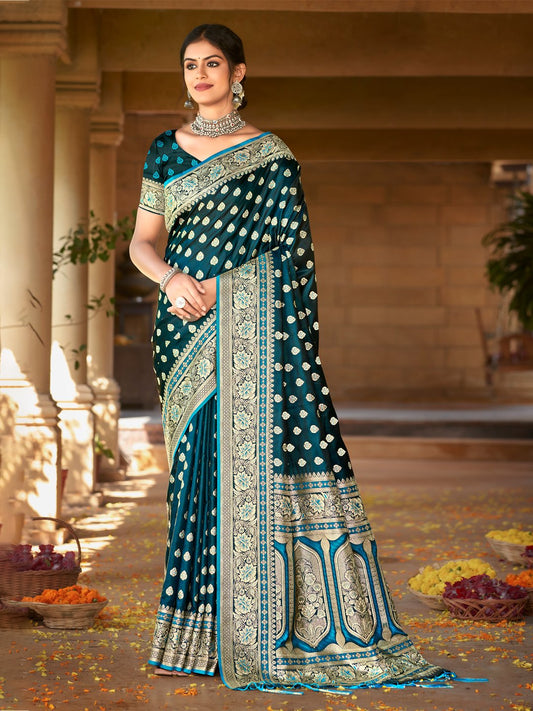 Blue Satin Silk Woven Work Traditional Tassels Saree