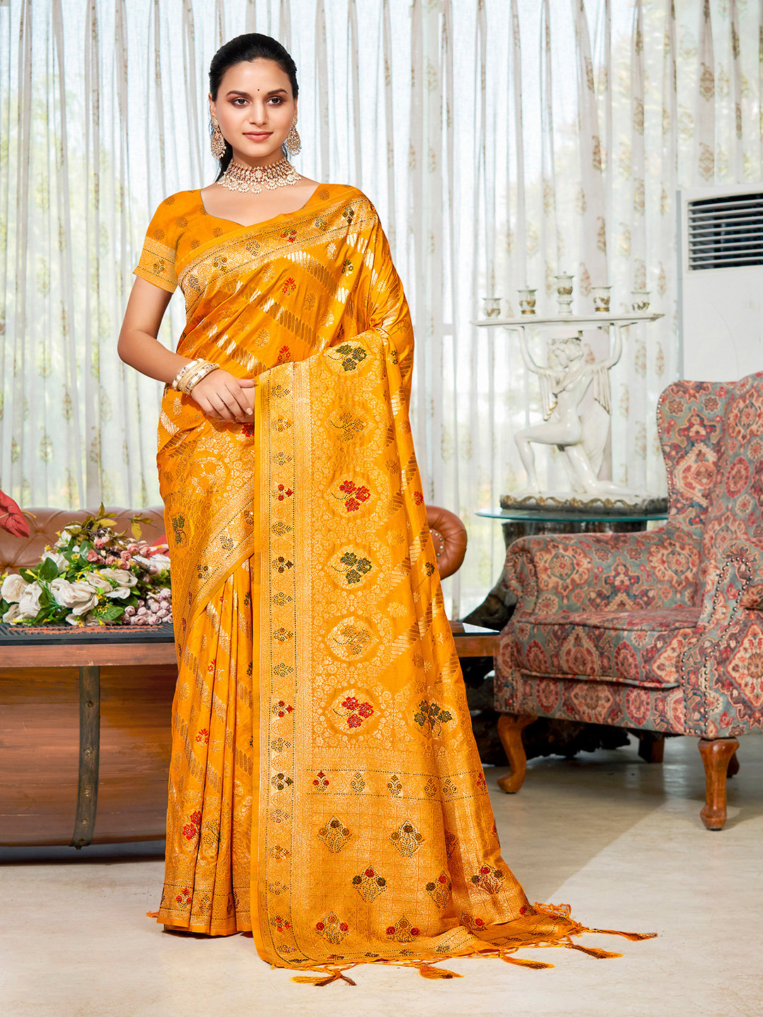 Yellow Silk Woven Work Traditional Saree