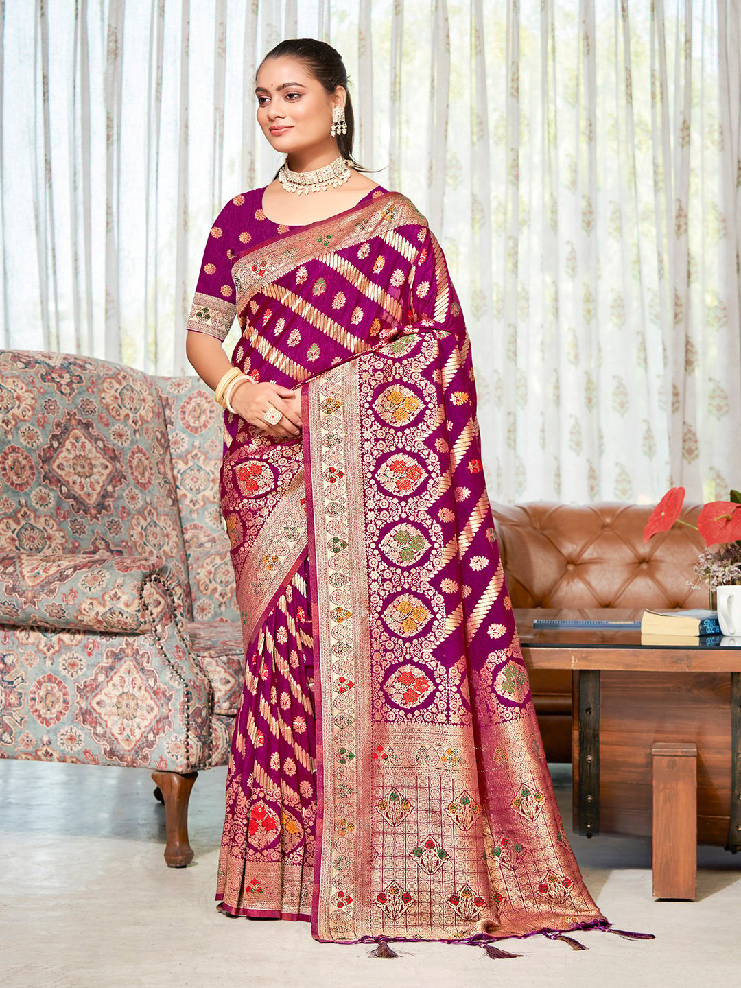 Purple Silk Woven Work Traditional Saree