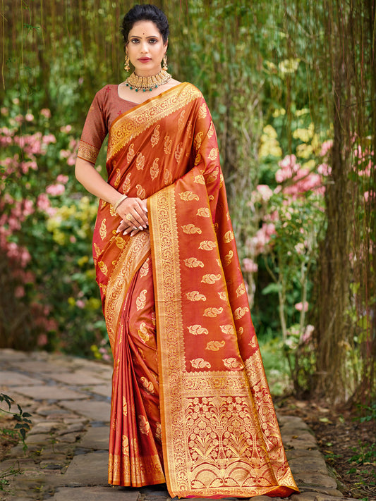 Rust Silk Woven Work Traditional Saree