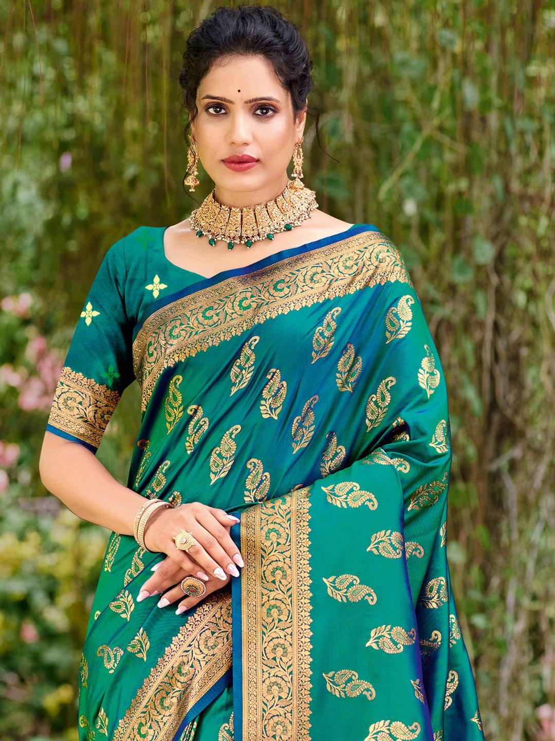 Teal Blue Silk Woven Work Traditional Saree