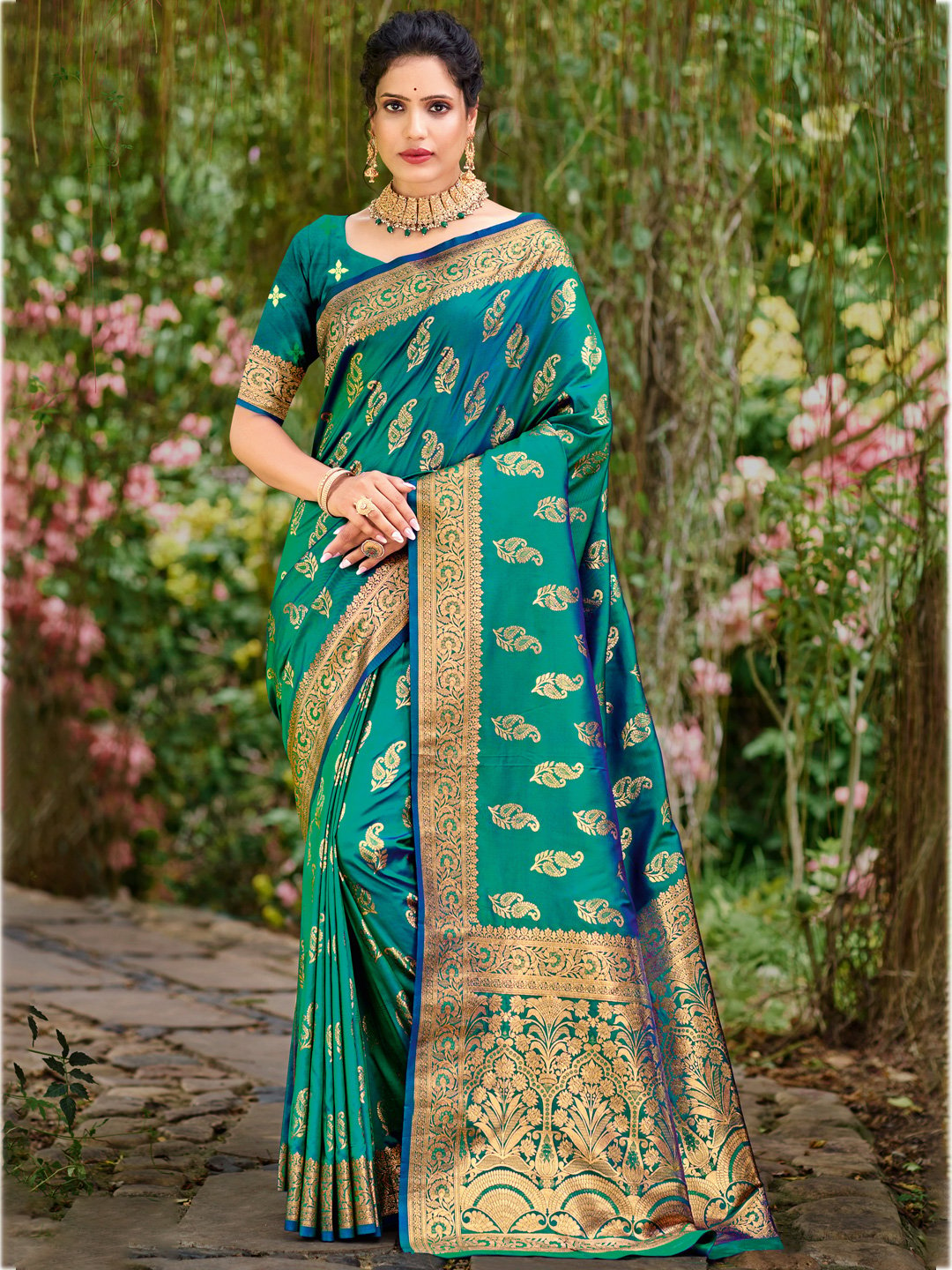 Teal Blue Silk Woven Work Traditional Saree