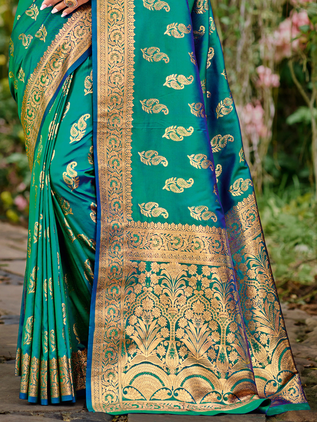 Teal Blue Silk Woven Work Traditional Saree