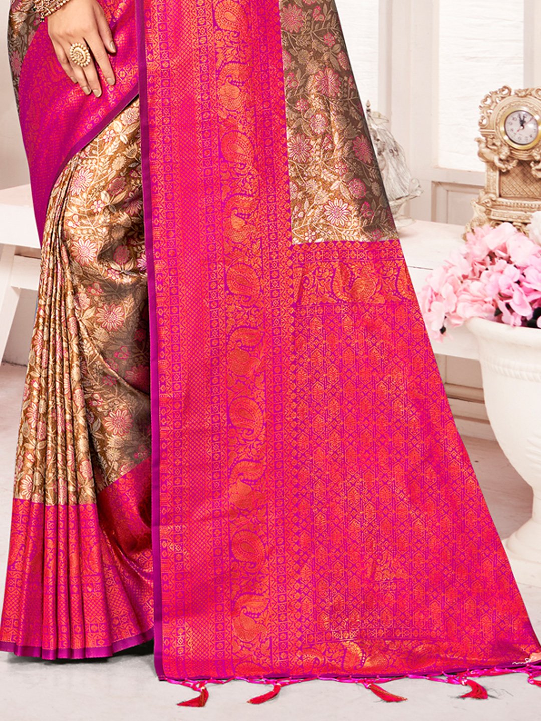 Brown Kanjivaram Silk Woven Work Traditional Tassels Saree