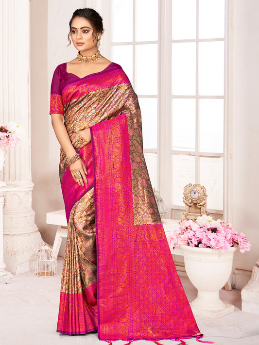 Brown Kanjivaram Silk Woven Work Traditional Tassels Saree