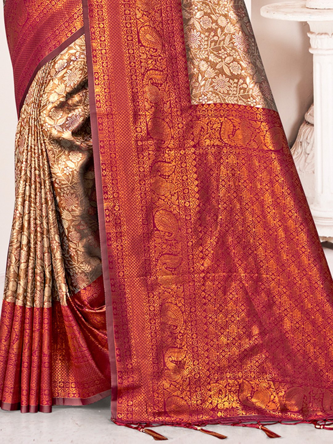 Brown Kanjivaram Silk Woven Work Traditional Tassels Saree