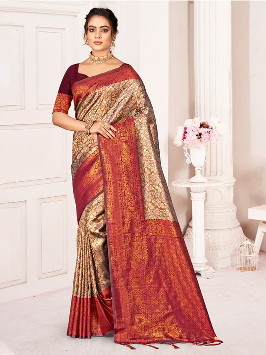 Brown Kanjivaram Silk Woven Work Traditional Tassels Saree