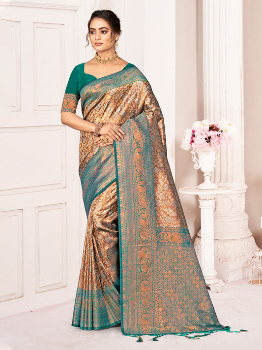 Brown Kanjivaram Silk Woven Work Traditional Tassels Saree