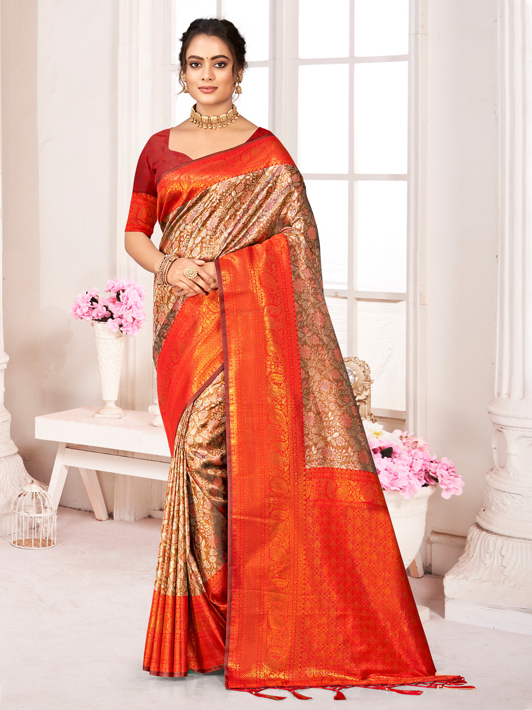 Brown Kanjivaram Silk Woven Work Traditional Tassels Saree