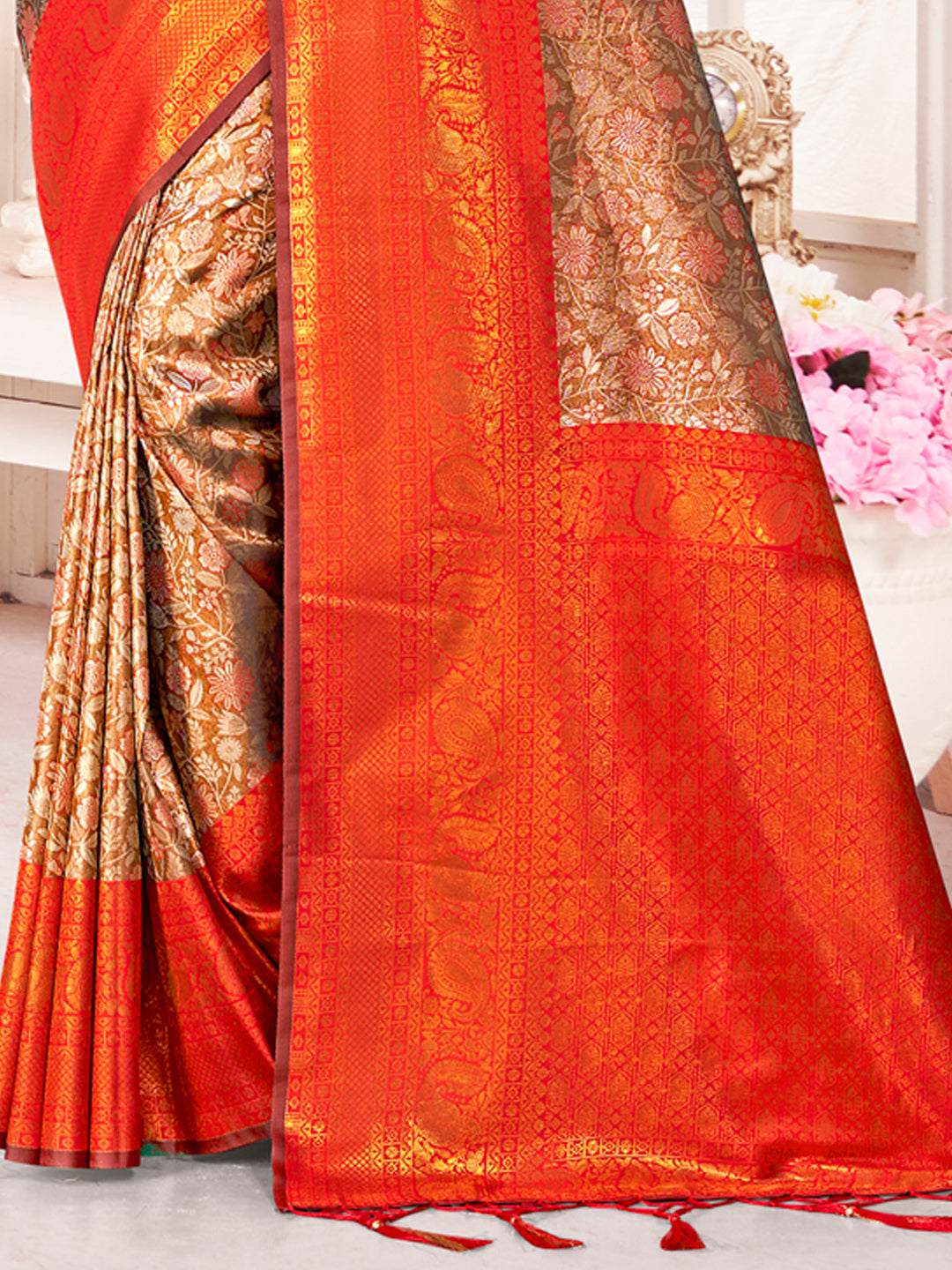 Brown Kanjivaram Silk Woven Work Traditional Tassels Saree