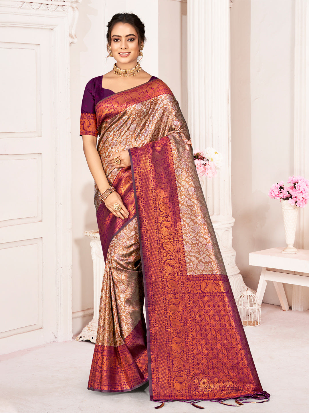 Brown Kanjivaram Silk Woven Work Traditional Tassels Saree