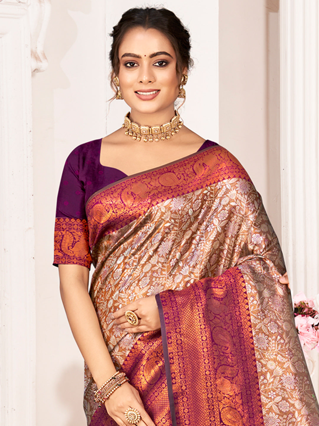 Brown Kanjivaram Silk Woven Work Traditional Tassels Saree