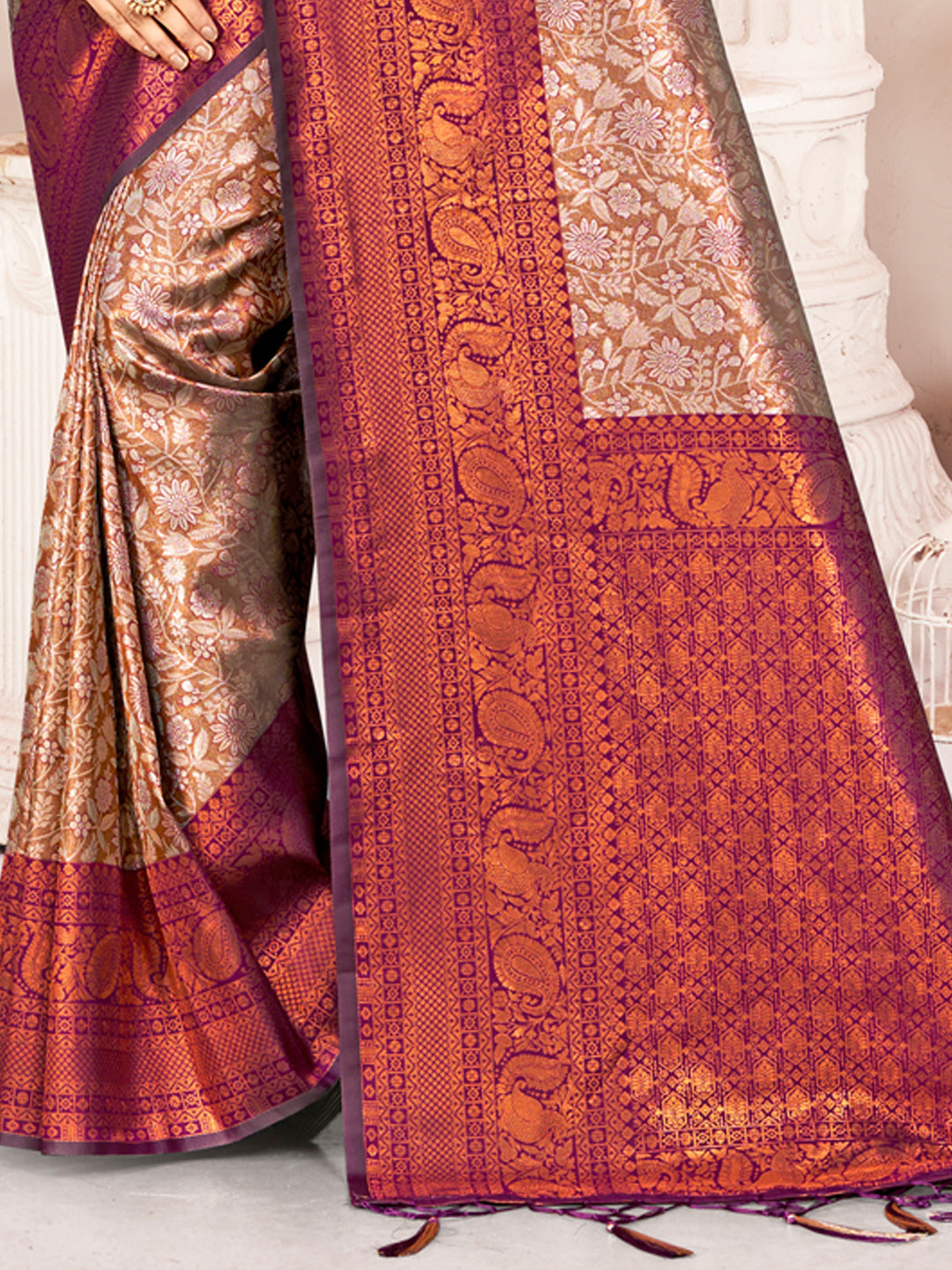 Brown Kanjivaram Silk Woven Work Traditional Tassels Saree