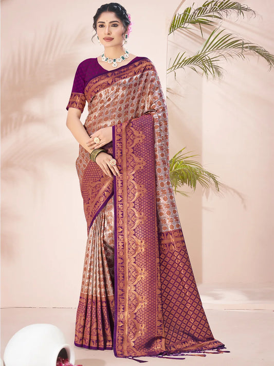 Wine Silk Woven Work Festival Saree