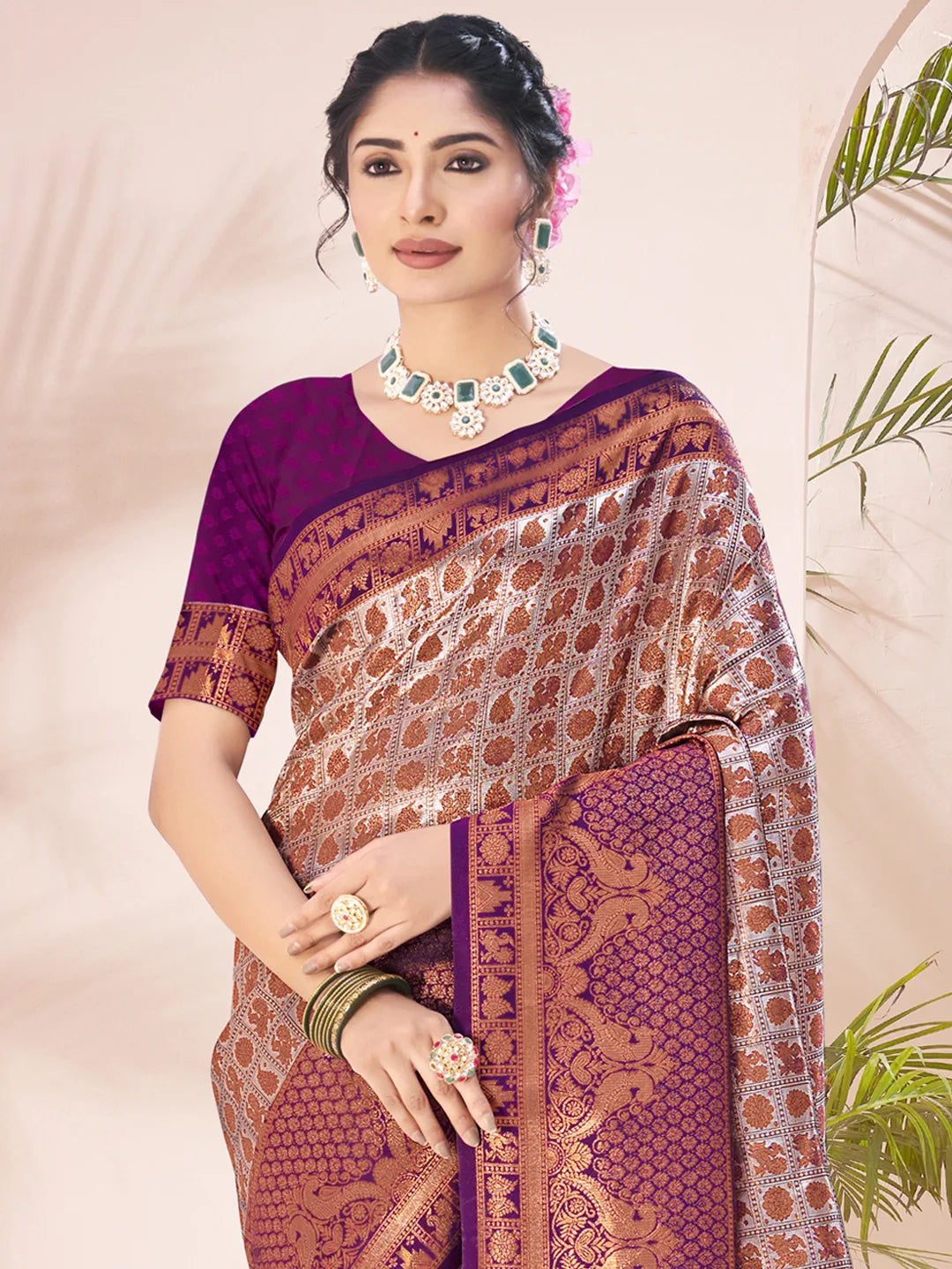 Wine Silk Woven Work Festival Saree