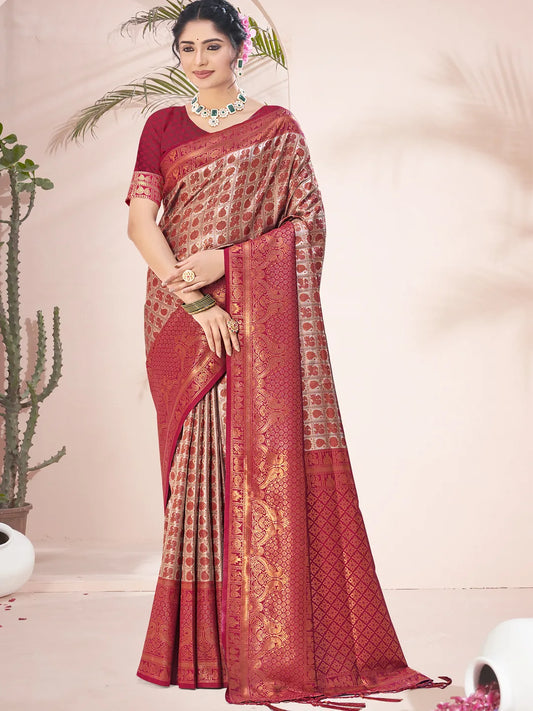 Maroon Silk Woven Work Festival Saree