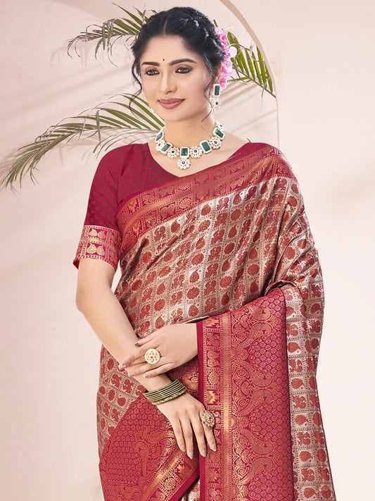 Maroon Silk Woven Work Festival Saree