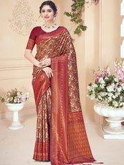 Maroon Silk Woven Work Traditional Saree