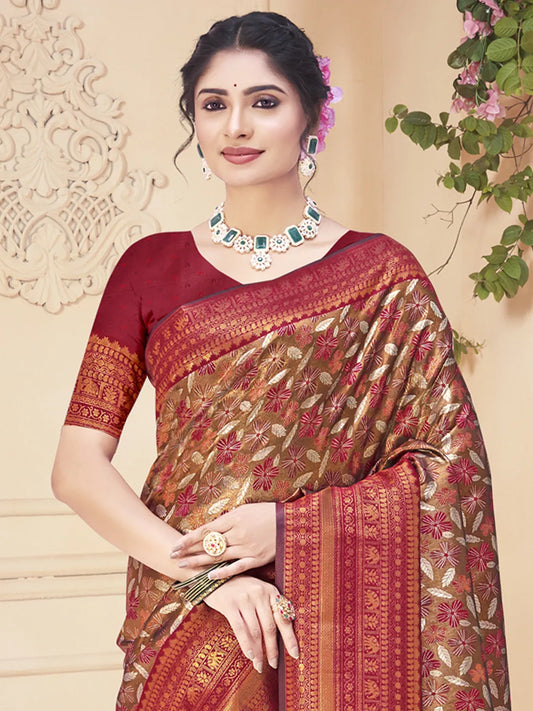 Maroon Silk Woven Work Traditional Saree