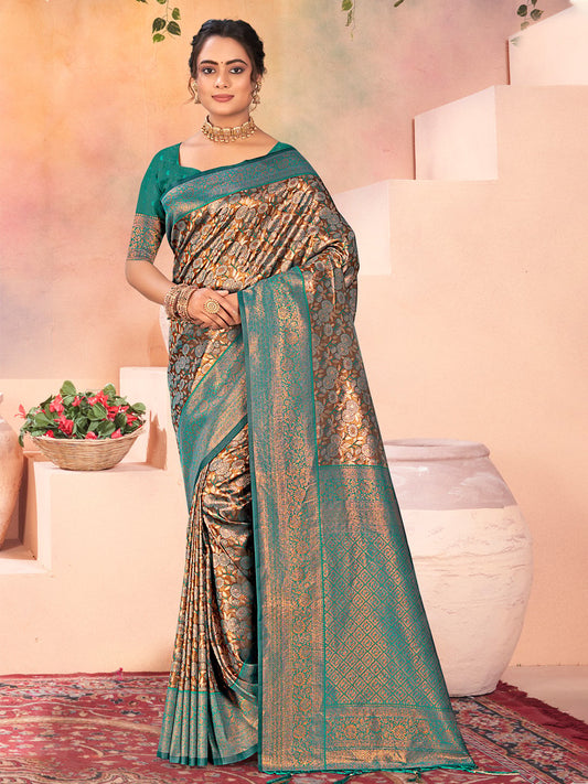 Brown Kanjivaram Silk Woven Work Traditional Tassels Saree