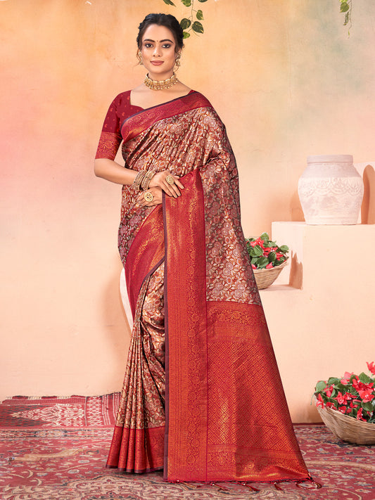 Brown Kanjivaram Silk Woven Work Traditional Tassels Saree