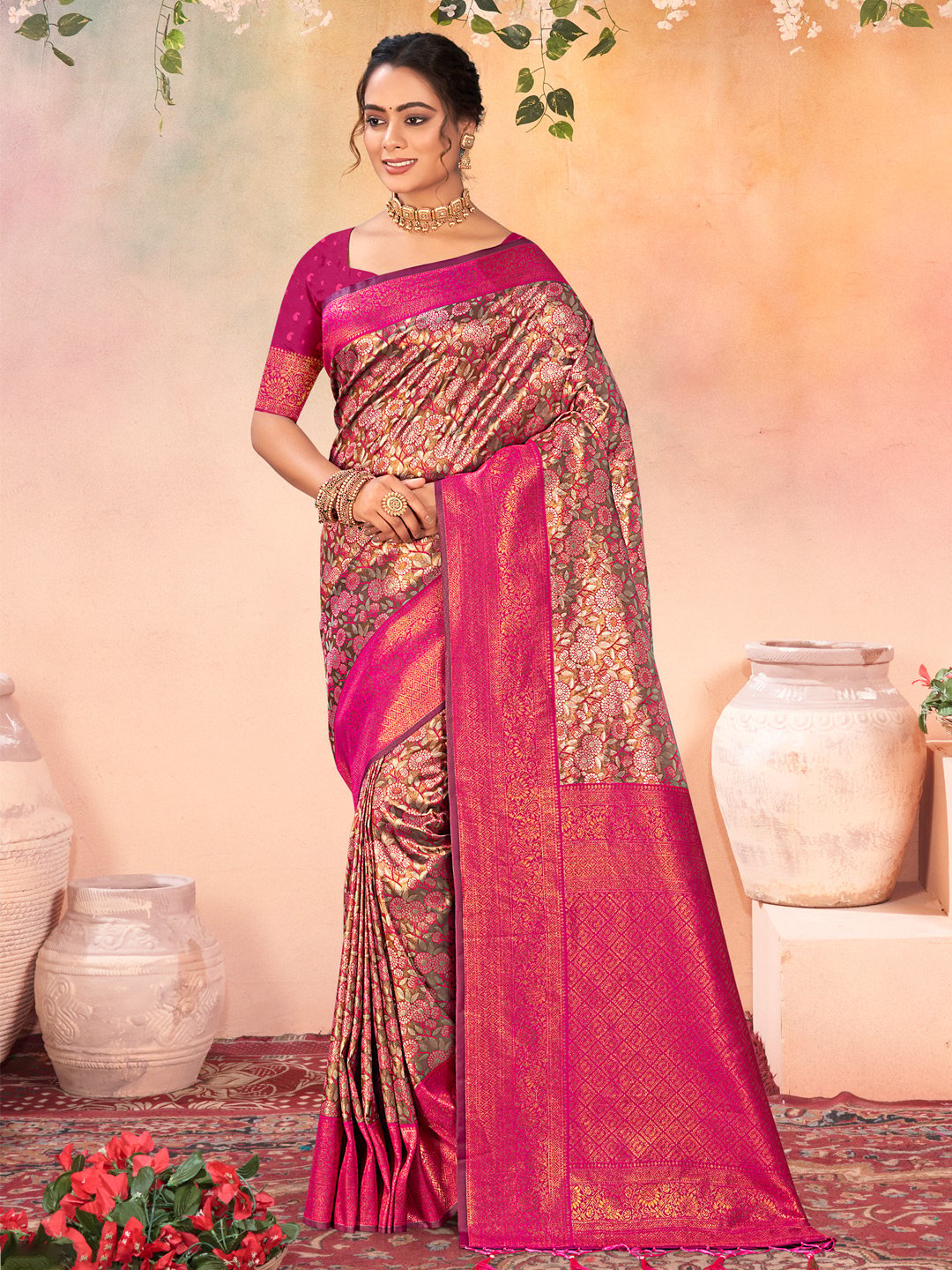 Brown Kanjivaram Silk Woven Work Traditional Tassels Saree