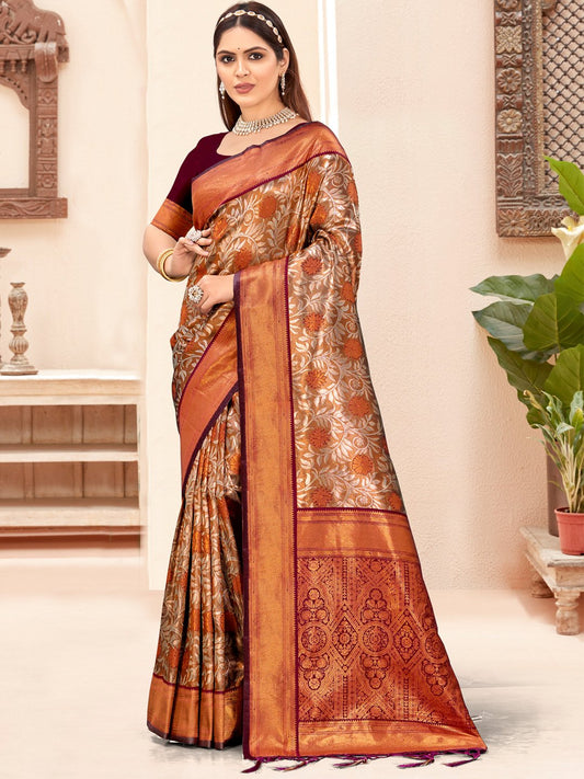 Maroon Silk Woven Work Traditional Saree