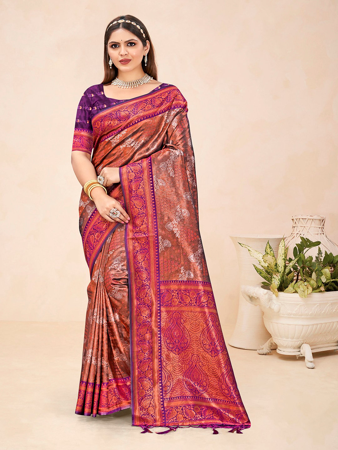 Violet Silk Woven Work Traditional Saree