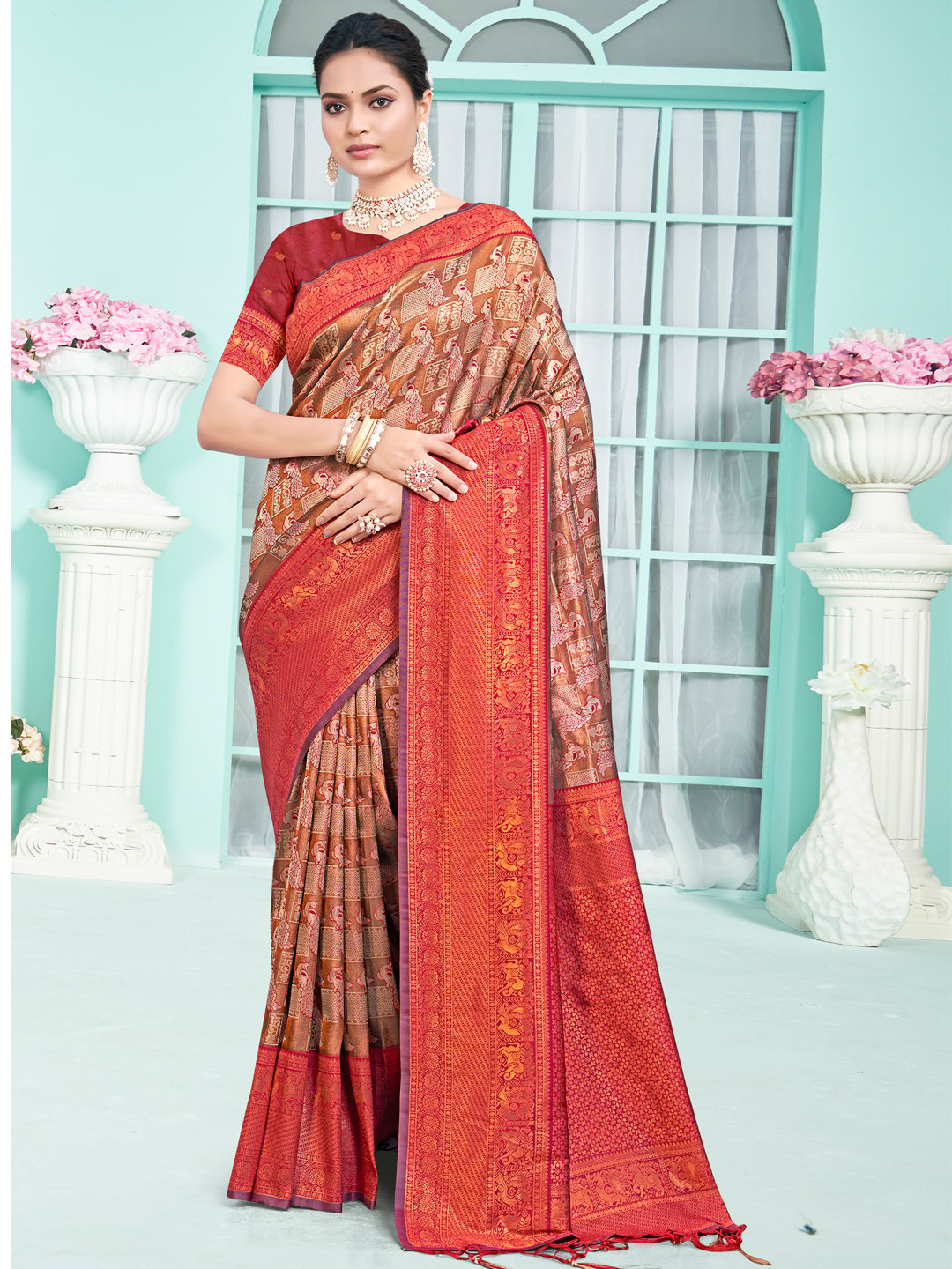 Maroon Silk Woven Work Traditional Saree