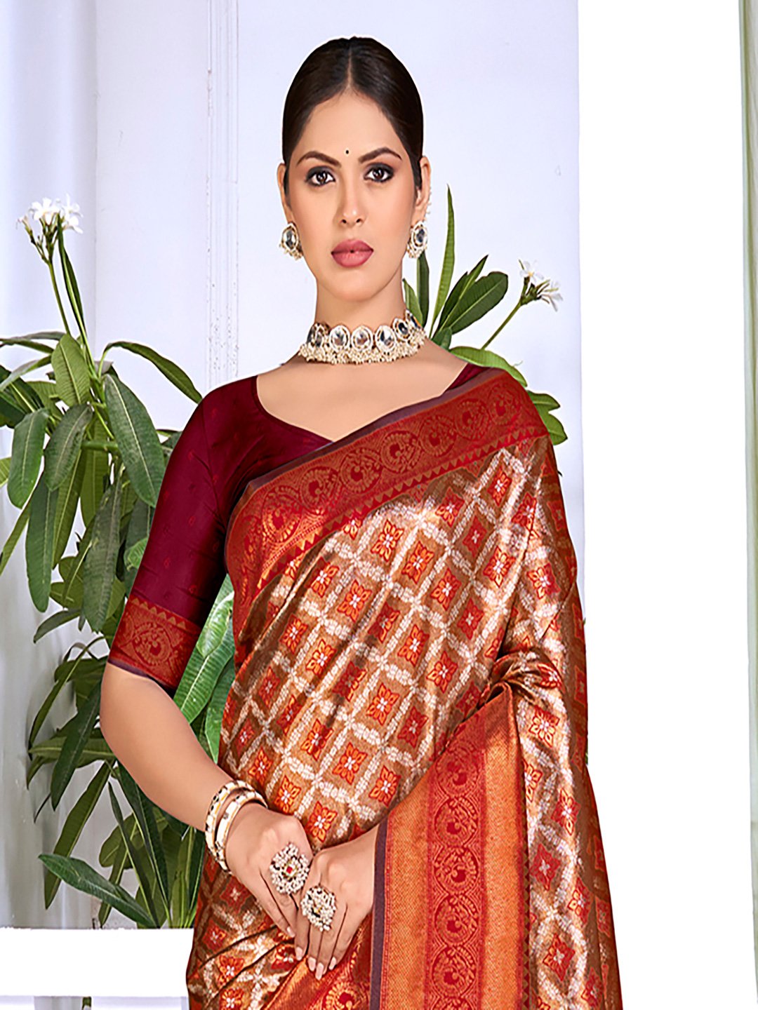 Maroon Silk Woven Work Traditional Saree