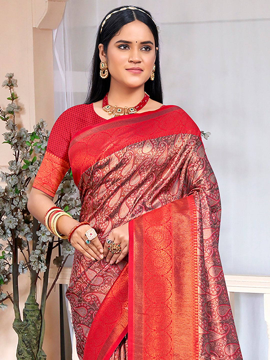 Red Silk Woven Work Traditional Saree