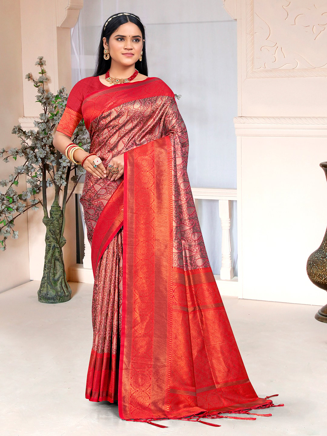 Red Silk Woven Work Traditional Saree