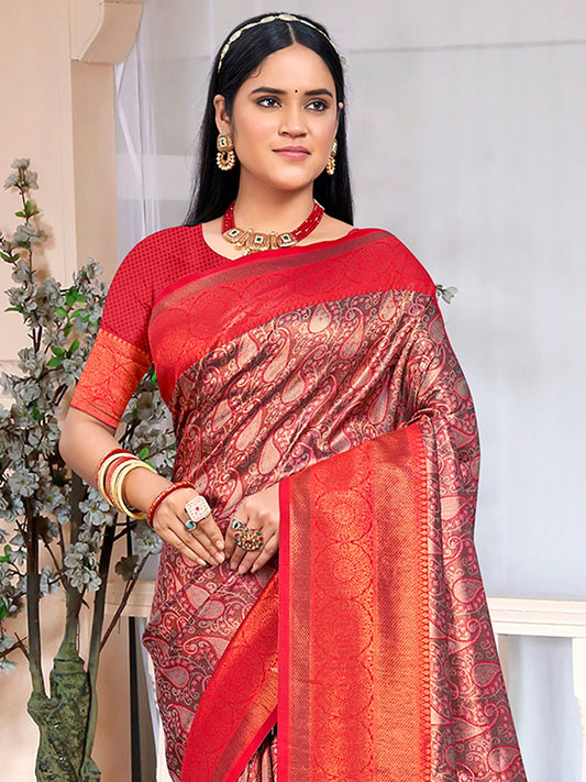 Red Silk Woven Work Traditional Saree